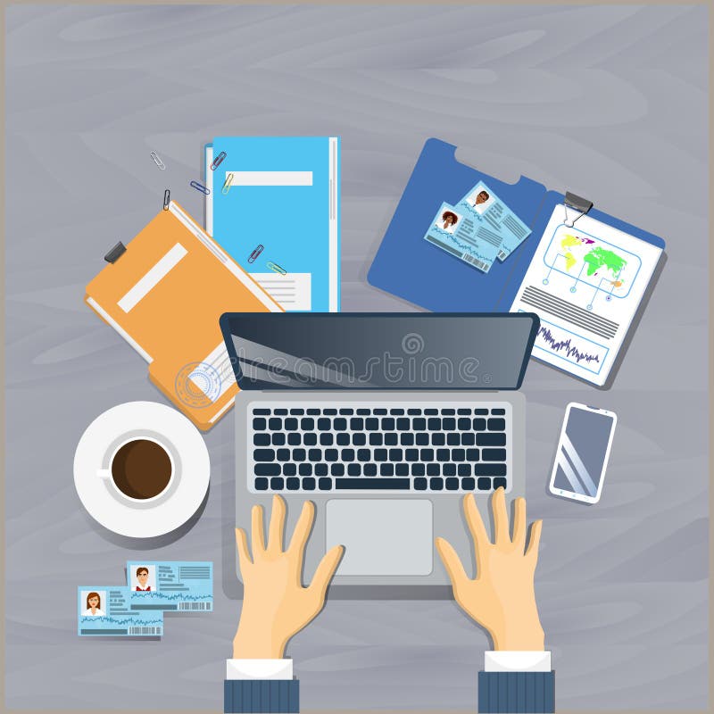 Hombre de negocios del concepto de la opinión de ángulo superior del lugar de trabajo Sit At Office ilustración del vector Hombre de negocios del concepto de la opinión de ángulo superior del lugar de trabajo Sit At Office ilustración del vector