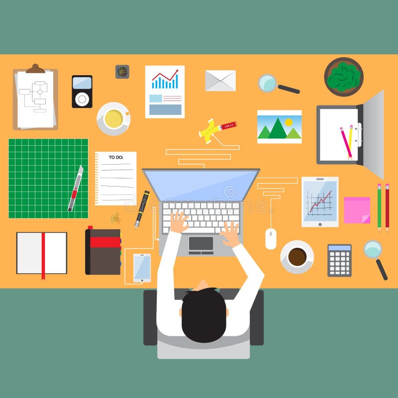 Hombre de negocios en lugar de trabajo con la opinión de sobremesa de la oficina stock de ilustración Hombre de negocios en lugar de trabajo con la opinión de sobremesa de la oficina stock de ilustración