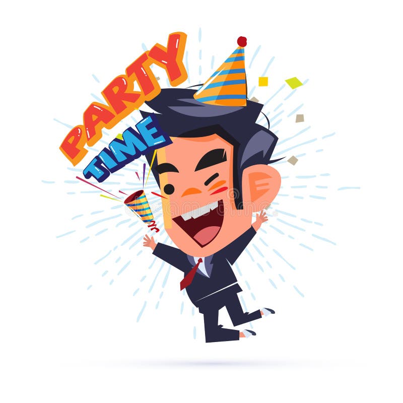 Hombre de negocios feliz Happy y salto con el ` del texto del tiempo del partido del ` Tostador de palomitas de maíz del partido ilustración del vector Hombre de negocios feliz Happy y salto con el ` del texto del tiempo del partido del ` Tostador de palomitas de maíz del partido ilustración del vector