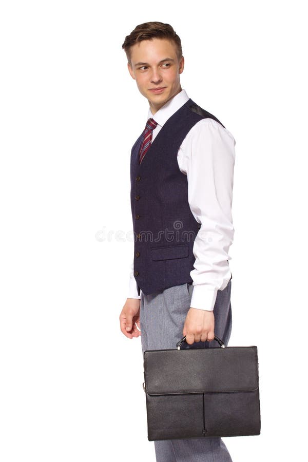 Hombre de negocios joven aislado - situación hermosa del hombre con la cartera foto de archivo Hombre de negocios joven aislado - situación hermosa del hombre con la cartera foto de archivo