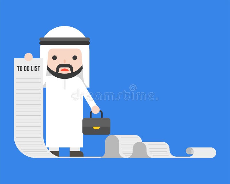 Hombre de negocios o encargado árabe que sostiene el papel largo de para hacer la lista libre illustration Hombre de negocios o encargado árabe que sostiene el papel largo de para hacer la lista libre illustration
