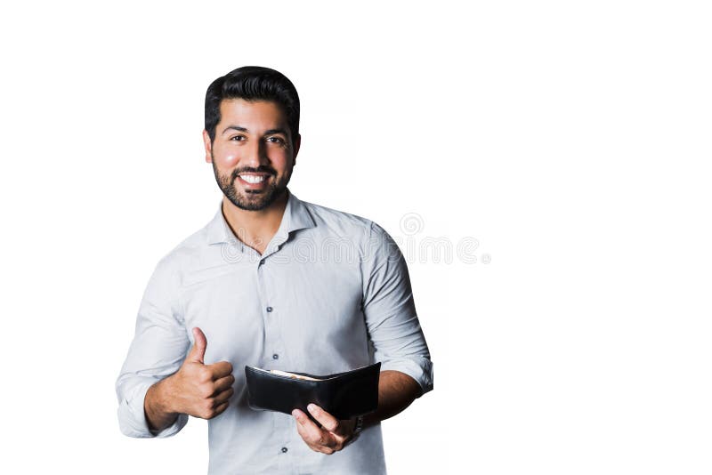 Hombre de negocios o trabajador sonriente con el dinero en cartera fotografía de archivo libre de regalías Hombre de negocios o trabajador sonriente con el dinero en cartera fotografía de archivo libre de regalías