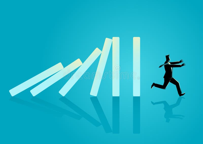 Hombre de negocios que corre lejos de efecto de dominó ilustración del vector Hombre de negocios que corre lejos de efecto de dominó ilustración del vector