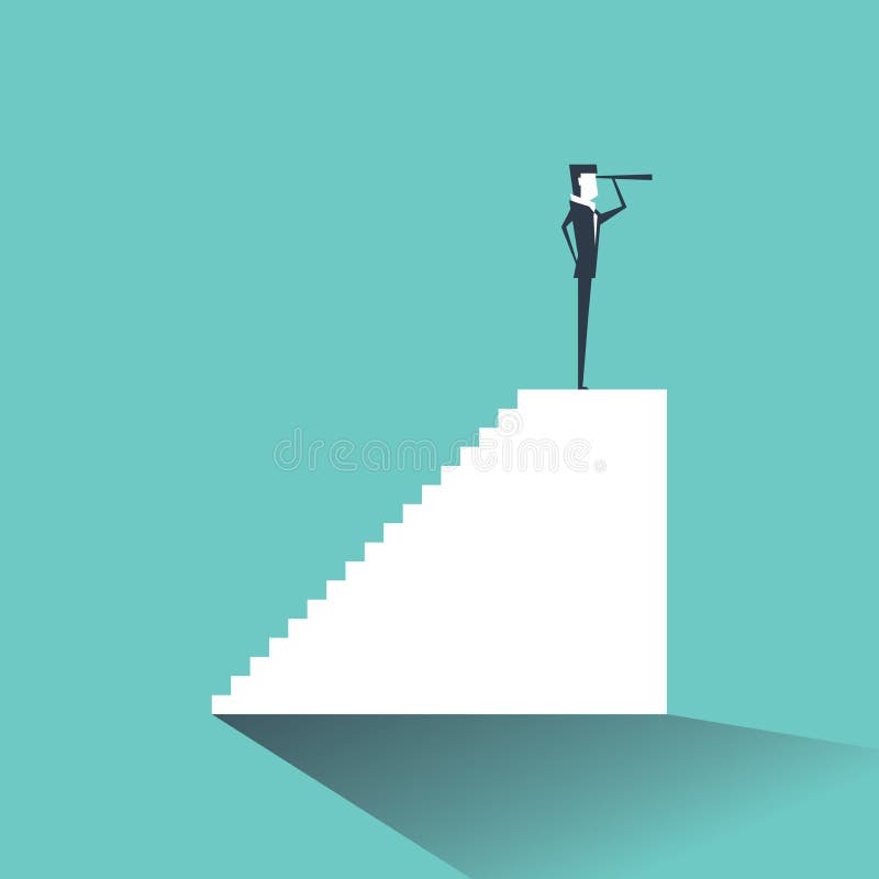 Hombre de negocios que mira a la visión con el telescopio en la parte superior de la escalera stock de ilustración Hombre de negocios que mira a la visión con el telescopio en la parte superior de la escalera stock de ilustración