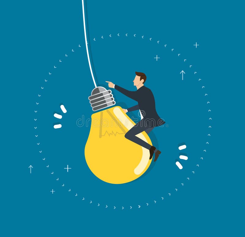Hombre de negocios que monta un vuelo en el cielo, conceptos creativos de la bombilla stock de ilustración Hombre de negocios que monta un vuelo en el cielo, conceptos creativos de la bombilla stock de ilustración