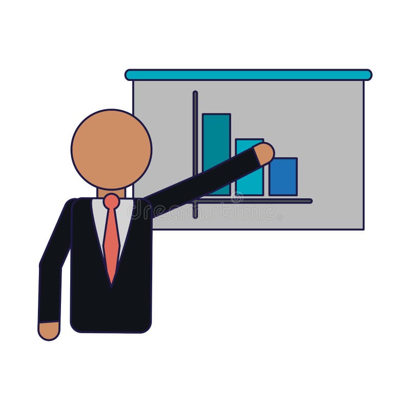 Hombre de negocios que muestra estadísticas sobre líneas azules del whiteboard ilustración del vector Hombre de negocios que muestra estadísticas sobre líneas azules del whiteboard ilustración del vector