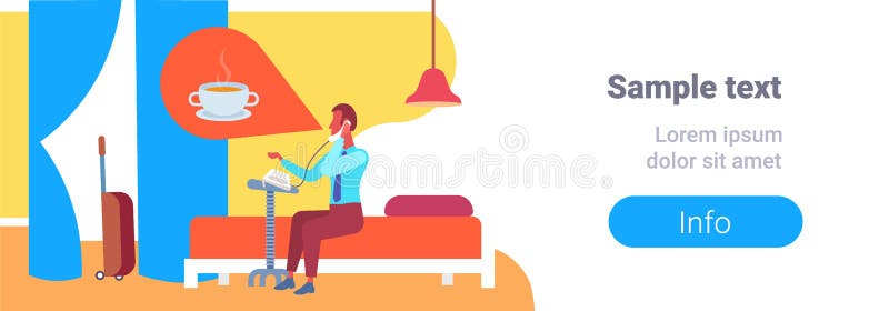 Hombre de negocios que piensa en el café que llama a la recepción que hace el interior de la habitación de la cama de la huésped stock de ilustración Hombre de negocios que piensa en el café que llama a la recepción que hace el interior de la habitación de la cama de la huésped stock de ilustración