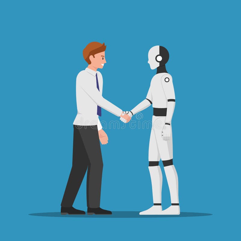 Hombre de negocios que sacude la mano con el robot del AI libre illustration Hombre de negocios que sacude la mano con el robot del AI libre illustration