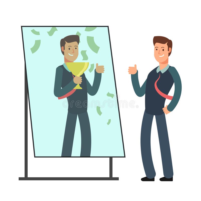 Hombre de negocios que se mira feliz y acertado en la reflexión de espejo Éxito en negocio y concepto del vector del ganador ilustración del vector Hombre de negocios que se mira feliz y acertado en la reflexión de espejo Éxito en negocio y concepto del vector del ganador ilustración del vector