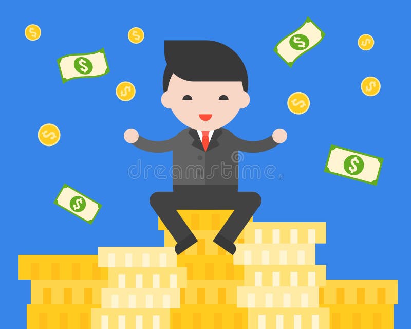 Hombre de negocios que se sienta en la pila de monedas de oro, ent joven acertado stock de ilustración Hombre de negocios que se sienta en la pila de monedas de oro, ent joven acertado stock de ilustración