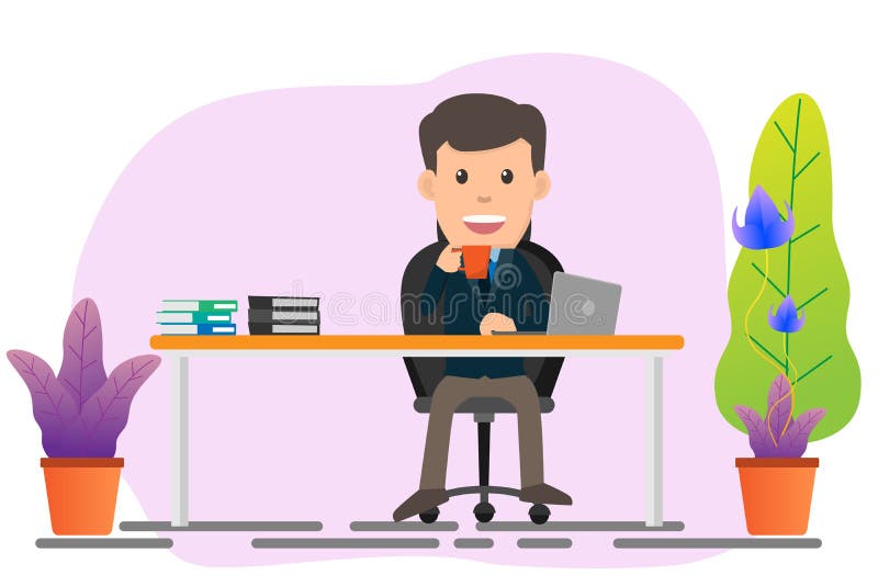 Hombre de negocios que se sienta en su escritorio y que trabaja en el ejemplo del vector del ordenador portátil stock de ilustración Hombre de negocios que se sienta en su escritorio y que trabaja en el ejemplo del vector del ordenador portátil stock de ilustración