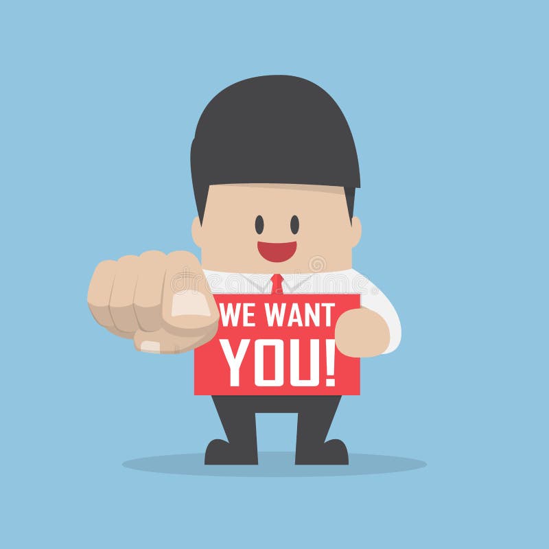 Hombre de negocios que señala el finger hacia usted con palabra le queremos libre illustration Hombre de negocios que señala el finger hacia usted con palabra le queremos libre illustration