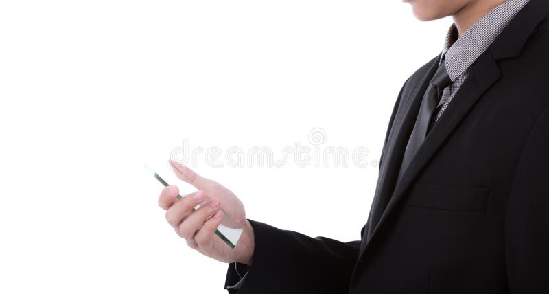 Hombre de negocios que sostiene el teléfono móvil, elegante transparente fotos de archivo Hombre de negocios que sostiene el teléfono móvil, elegante transparente fotos de archivo