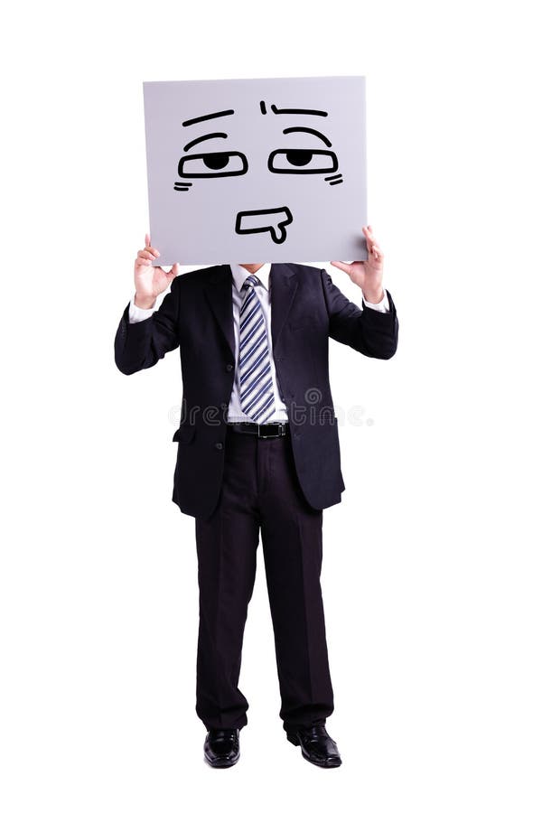 Hombre de negocios que sostiene la cartelera confusa de la expresión imagen de archivo libre de regalías Hombre de negocios que sostiene la cartelera confusa de la expresión imagen de archivo libre de regalías