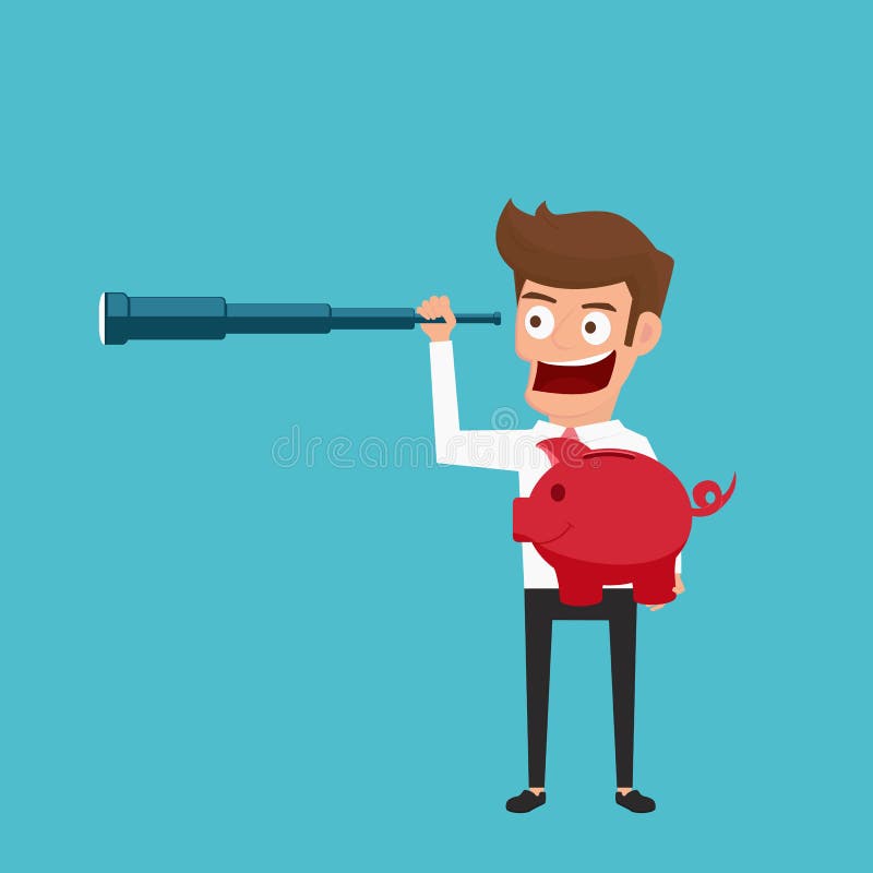 Hombre de negocios que sostiene la hucha usando el telescopio que busca alto retorno en la inversión, el beneficio, el dinero y a stock de ilustración Hombre de negocios que sostiene la hucha usando el telescopio que busca alto retorno en la inversión, el beneficio, el dinero y a stock de ilustración