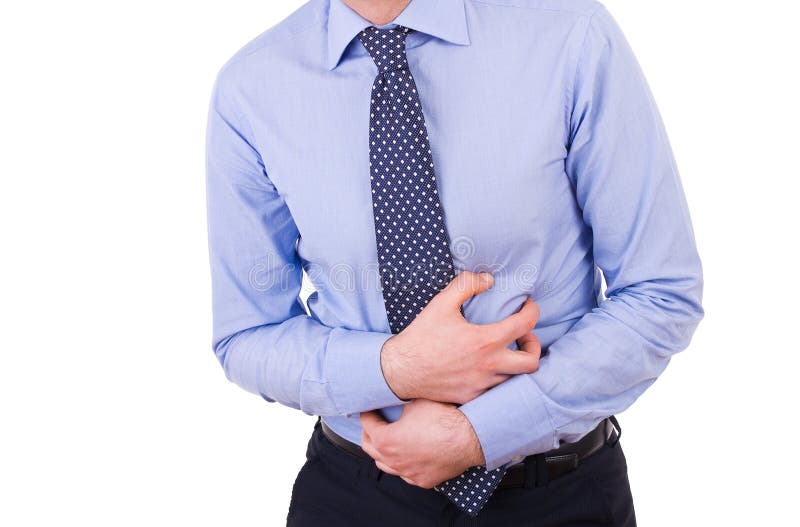 Hombre de negocios que sufre de dolor de estómago. imágenes de archivo libres de regalías Hombre de negocios que sufre de dolor de estómago. imágenes de archivo libres de regalías