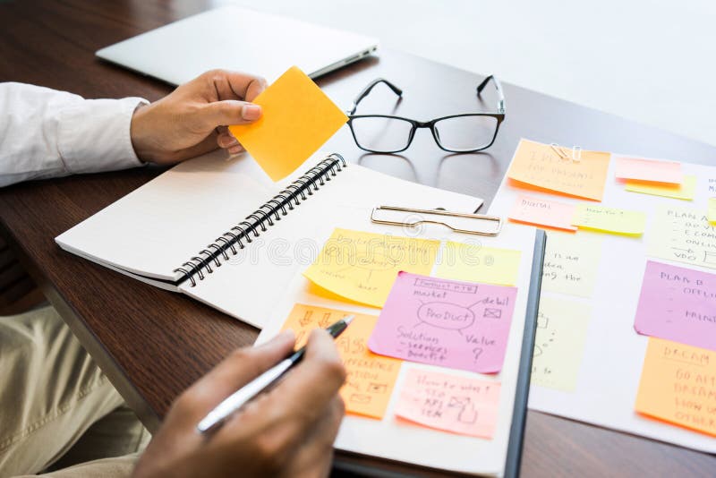 Hombre de negocios que trabaja con el papel de nota para inspirarse ideas Stra foto de archivo Hombre de negocios que trabaja con el papel de nota para inspirarse ideas Stra foto de archivo