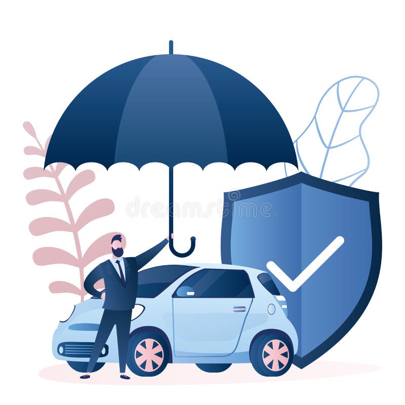 Businessman hold umbrella, modern auto safe shield. Insurance and accident protection concept background. Handsome male character. Trendy style vector illustration. Businessman hold umbrella, modern auto safe shield. Insurance and accident protection concept background. Handsome male character. Trendy style vector illustration