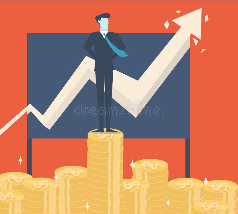 Hombre de negocios Standing en el dinero de las monedas de oro ilustración del vector Hombre de negocios Standing en el dinero de las monedas de oro ilustración del vector