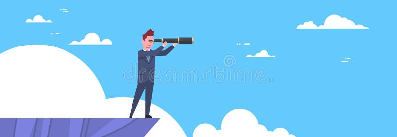 Hombre de negocios With Telescope Looking para el éxito, oportunidades, negocio del top de la montaña, concepto de Vision libre illustration Hombre de negocios With Telescope Looking para el éxito, oportunidades, negocio del top de la montaña, concepto de Vision libre illustration