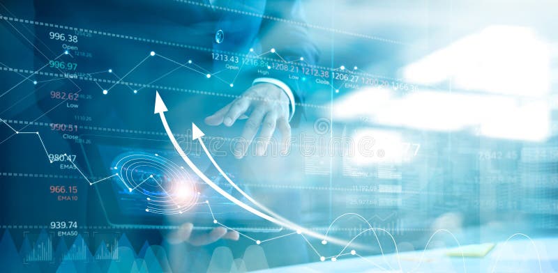 Hombre de negocios usando la tableta que analiza la carta de los datos de las ventas y del gr? fico del desarrollo econ? mico Estra stock de ilustración