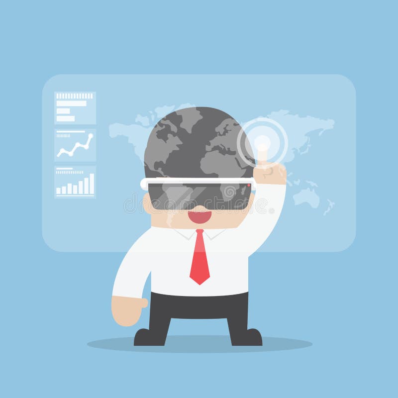 Hombre de negocios usando las auriculares de la realidad virtual o los vidrios de VR stock de ilustración