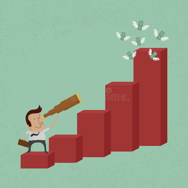 Hombre de negocios usando un telescopio en una barra stock de ilustración Hombre de negocios usando un telescopio en una barra stock de ilustración