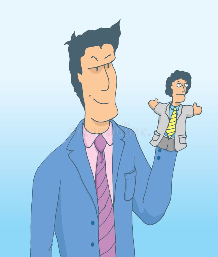 Hombre de negocios usando una marioneta o la manipulación del negocio de un colega stock de ilustración