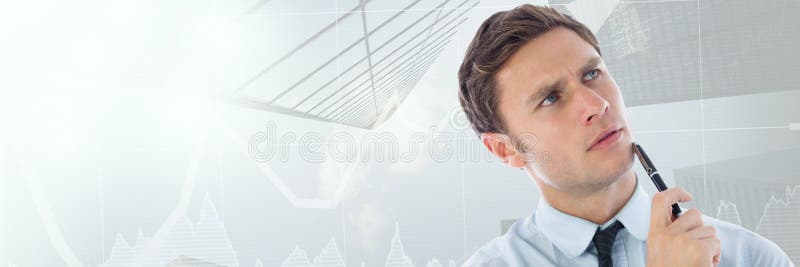 Hombre de pensamiento con los raspadores del cielo y las flechas de la transición del mercado de acción stock de ilustración Hombre de pensamiento con los raspadores del cielo y las flechas de la transición del mercado de acción stock de ilustración