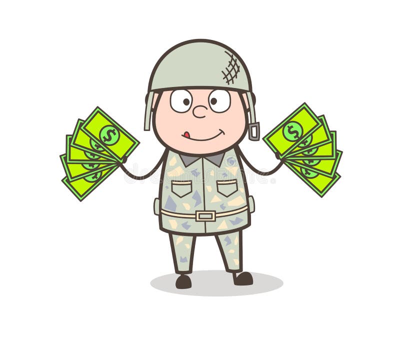 Hombre del ejército de la historieta que muestra el ejemplo del vector del dinero stock de ilustración Hombre del ejército de la historieta que muestra el ejemplo del vector del dinero stock de ilustración