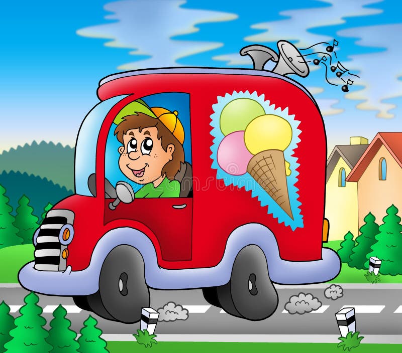 Ice cream man driving red car - color illustration. Ice cream man driving red car - color illustration.