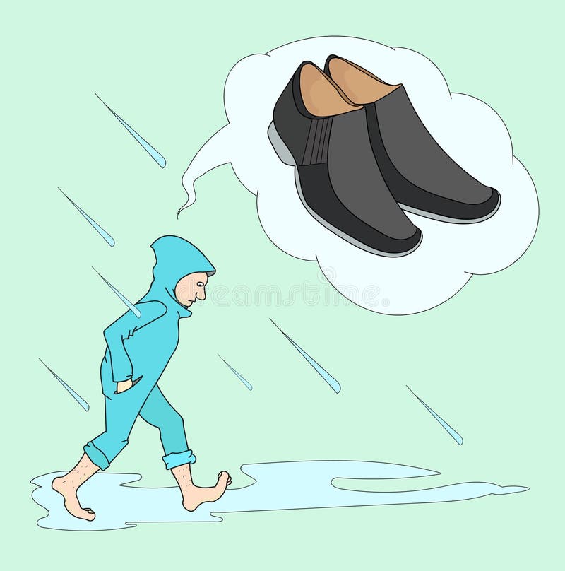 Barefoot man is puzzled. He dreams of good shoes in inclement weather. Barefoot man is puzzled. He dreams of good shoes in inclement weather