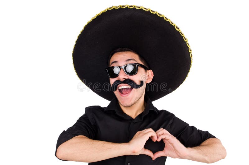Hombre divertido que lleva el sombrero mexicano del sombrero aislado encendido imagen de archivo Hombre divertido que lleva el sombrero mexicano del sombrero aislado encendido imagen de archivo