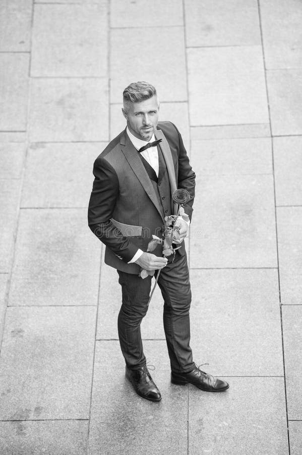 Hombre elegante en esmoquin. hombre con traje de bowtie. esmoquín caucásico con rosa rojo imágenes de archivo libres de regalías