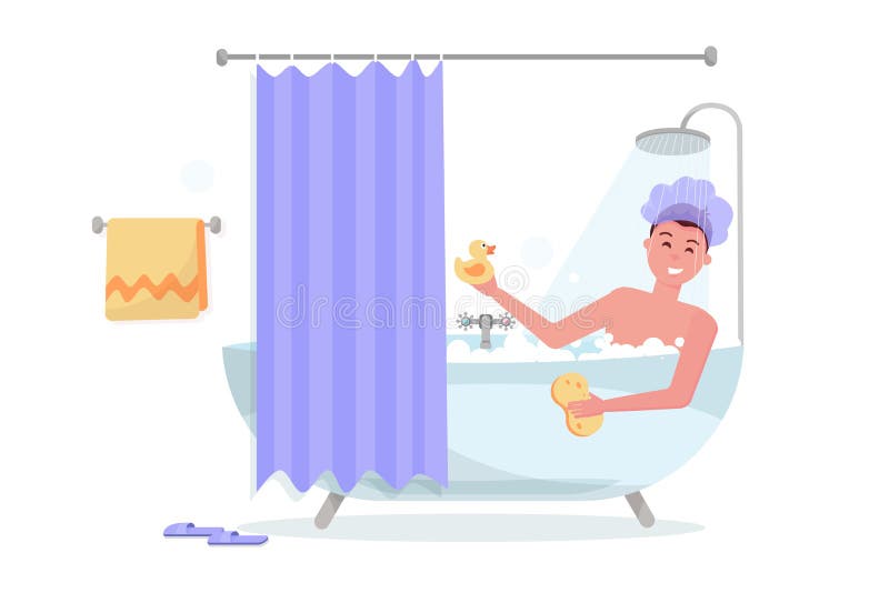 Man in shower cap in the shower. Happy funny guy taking bath in bubble bathtub, relaxing with yellow duck and washcloth. Bathtub with a curtain on a white background. Flat cartoon vector illustration. Man in shower cap in the shower. Happy funny guy taking bath in bubble bathtub, relaxing with yellow duck and washcloth. Bathtub with a curtain on a white background. Flat cartoon vector illustration