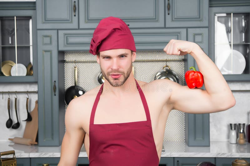 Hombre En El Chef Sombrero Delantal Flex Mano Músculos Con Pimienta Foto de  archivo - Imagen de muscular, masculino: 200836602