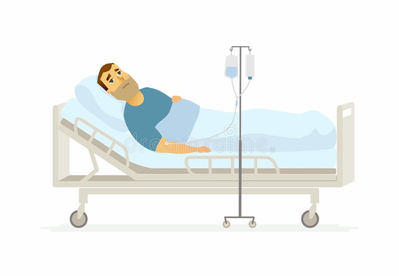 Hombre en el hospital en un goteo - ejemplo de los caracteres de la gente de la historieta
