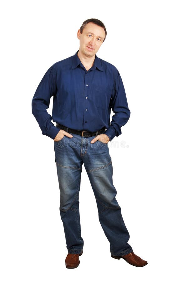 Hombre En Una Camisa Azul Y Pantalones Vaqueros Azul Imagen de archivo - Imagen de sencillo, feliz: 24236975