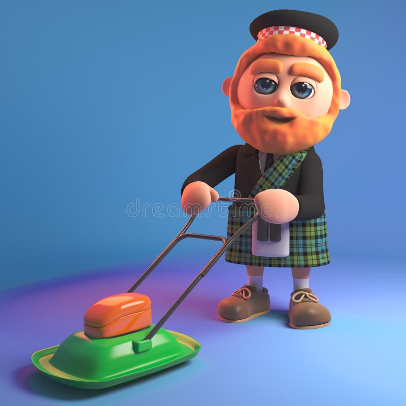 Hombre escocés barbudo con la falda escocesa que siega el césped con un cortacésped de cernido, ejemplo 3d stock de ilustración Hombre escocés barbudo con la falda escocesa que siega el césped con un cortacésped de cernido, ejemplo 3d stock de ilustración