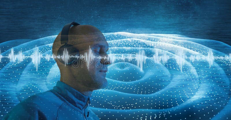 Hombre escuchando música con auriculares audio forma de onda tecnología científica fondo fotos de archivo