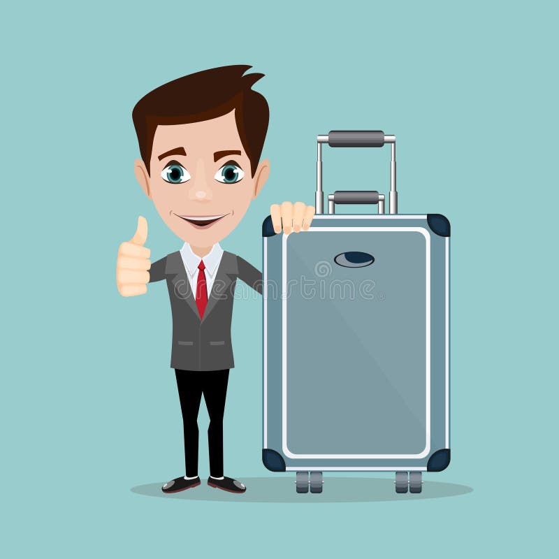 Hombre feliz con equipaje en fondo Un hombre de negocios con las maletas stock de ilustración Hombre feliz con equipaje en fondo Un hombre de negocios con las maletas stock de ilustración