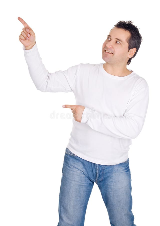 Hombre feliz que muestra algo imagen de archivo