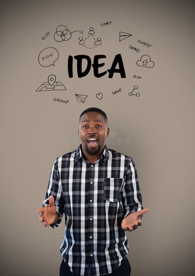 Hombre feliz que muestra las manos y que tiene una idea stock de ilustración Hombre feliz que muestra las manos y que tiene una idea stock de ilustración