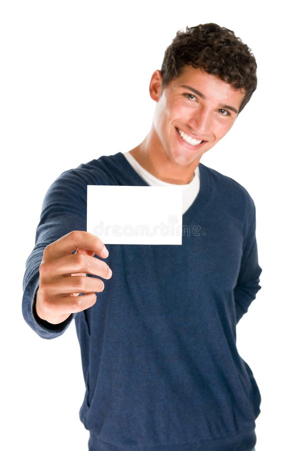 Hombre feliz que sostiene la tarjeta en blanco imagen de archivo Hombre feliz que sostiene la tarjeta en blanco imagen de archivo