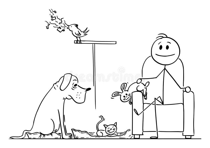 Hombre feliz sentado en una silla rodeado por su conejito de gatos de perro mascotas y ilustración de palos de dibujos animados ve libre illustration
