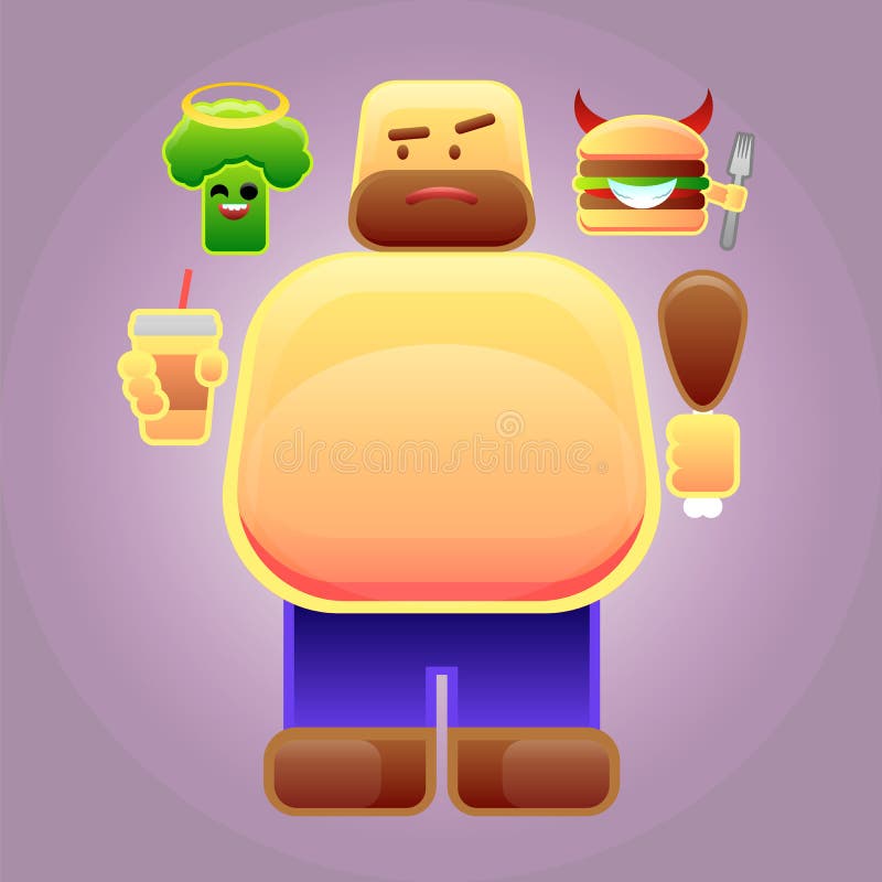 Hombre gordo con la hamburguesa y el bróculi en sus hombros, imagen del vector libre illustration Hombre gordo con la hamburguesa y el bróculi en sus hombros, imagen del vector libre illustration