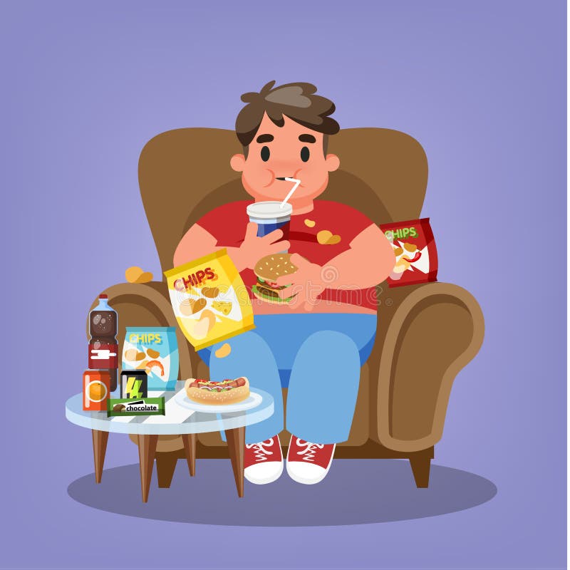 Fat man sitting in the armchair and eating fast food. Overweight guy holding burger and drink soda. Unhealthy lifestyle. Vector illustration in cartoon style. Fat man sitting in the armchair and eating fast food. Overweight guy holding burger and drink soda. Unhealthy lifestyle. Vector illustration in cartoon style