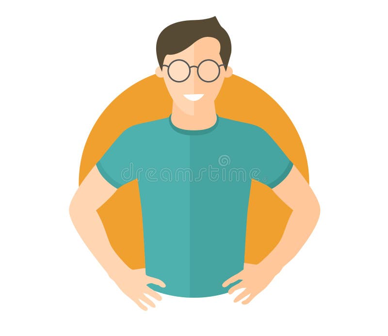 Hombre hermoso confiado en vidrios Icono plano del diseño Muchacho con los brazos en jarras Ejemplo aislado simplemente editable del vector