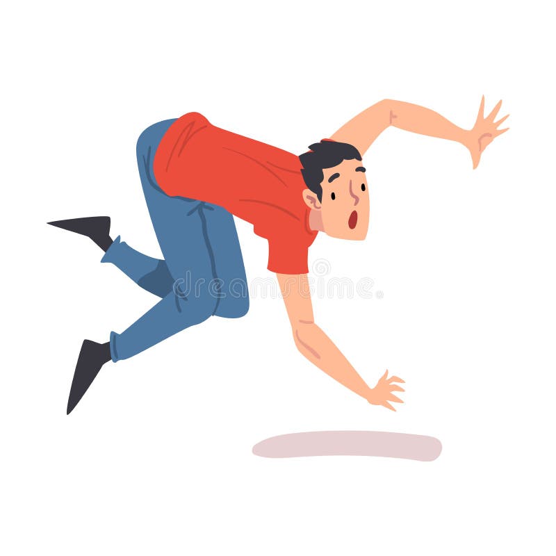 Shocked Man Falling Down Forward, Accident, Pain and Injury Cartoon Style Vector Illustration Isolated on White Background. Shocked Man Falling Down Forward, Accident, Pain and Injury Cartoon Style Vector Illustration Isolated on White Background.