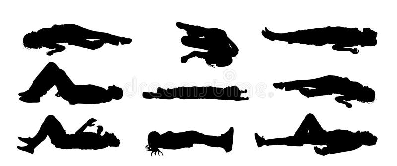 Unconscious man with injury lying down vector silhouette. Traffic accident patient after car crush needs medic help. First aid rescue victim. Boy needs doctor emergency. Dead family, woman on ground. Unconscious man with injury lying down vector silhouette. Traffic accident patient after car crush needs medic help. First aid rescue victim. Boy needs doctor emergency. Dead family, woman on ground.